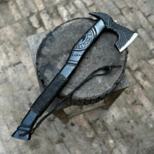 Hand-Forged Viking Style Battle Axe | Custom Carved Carbon Steel Tomahawk with Leather Wrapped Handle | Outdoor & Camping Axe