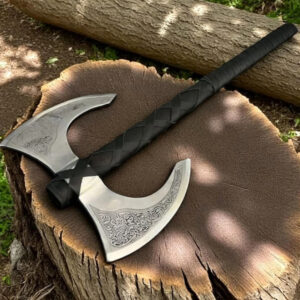 Custom Handmade Double Headed Carbon Steel Battle Axe | Full Tang Functional Viking Axe | Outdoor & Survival Axe with Leather Wrapped Handle
