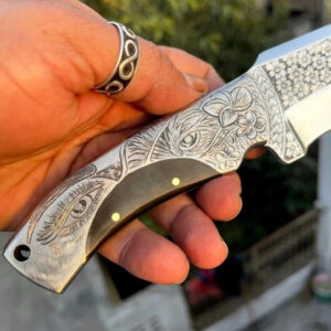 Handmade knife - One Of Kind - Deep Hand Engraved Lady-Tiger Eyes On Handle