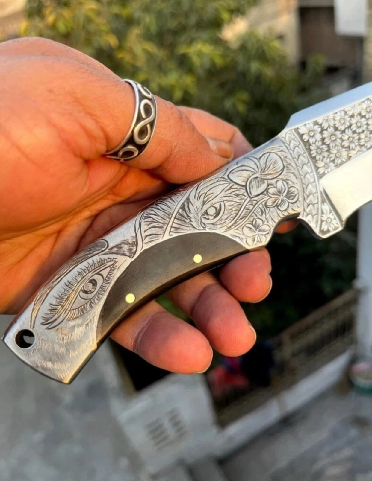 Handmade knife - One Of Kind - Deep Hand Engraved Lady-Tiger Eyes On Handle