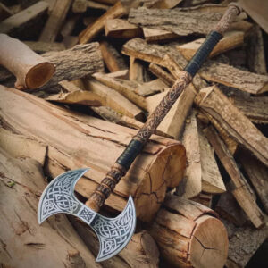 Hand Forged Double Headed High Carbon Steel Viking Axe, Long Axe, Bearded Axe.