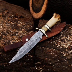Hand Forged Damascus Steel Hunting Bowie Knife Crown Stag Antler | Premium Gift