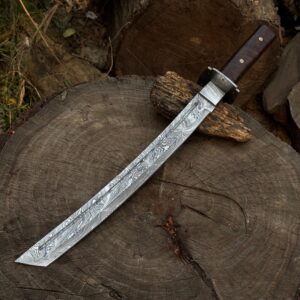 Custom Handmade Damascus Steel Katana Style Hunting Machete Knife Tanto Knife with Leather Sheath