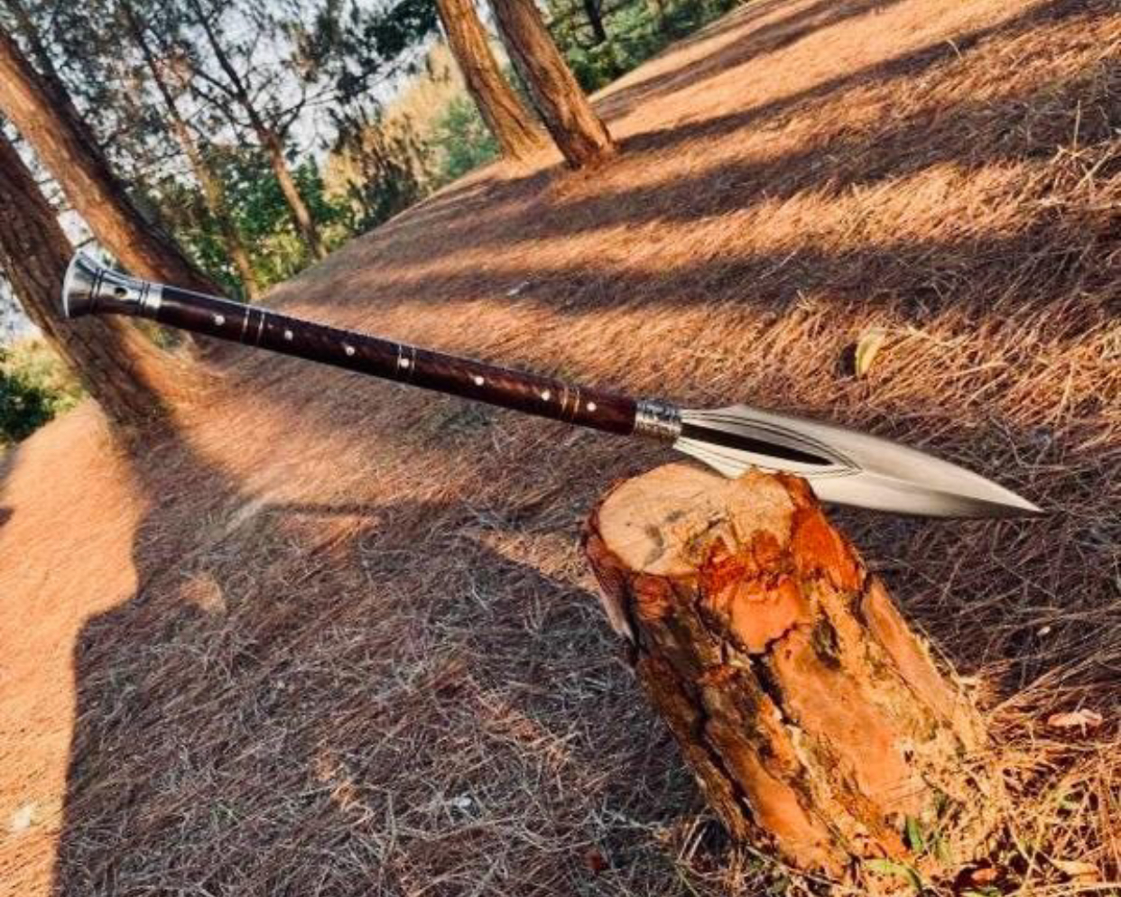 Hand Forged Hunting Spear High Carbon Steel Blade Rosewood Handle and Leather Sheath - Image 3