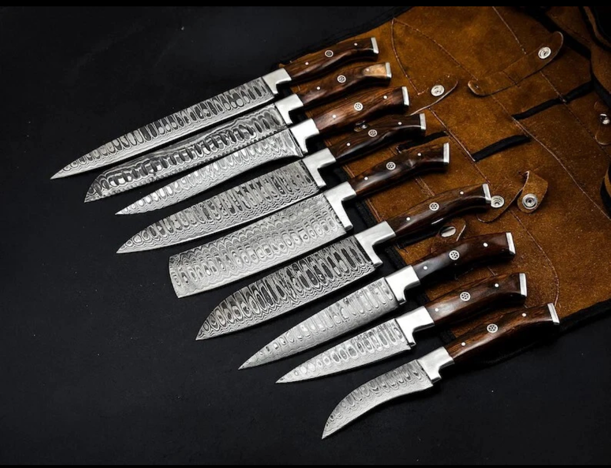 Premium Hand Forged Damascus Steel 9 Pcs of Chef Set, Kitchen Set with Sheath