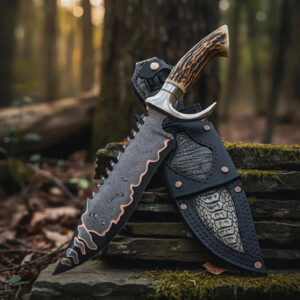 Custom Handmade Damascus Steel Copper Pattern Blade Hunting Stag Knife with Leather Sheath